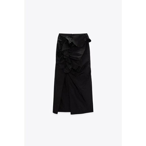 ZARA RUFFLED MIDI SKIRT BLACK - Picture 8 of 11